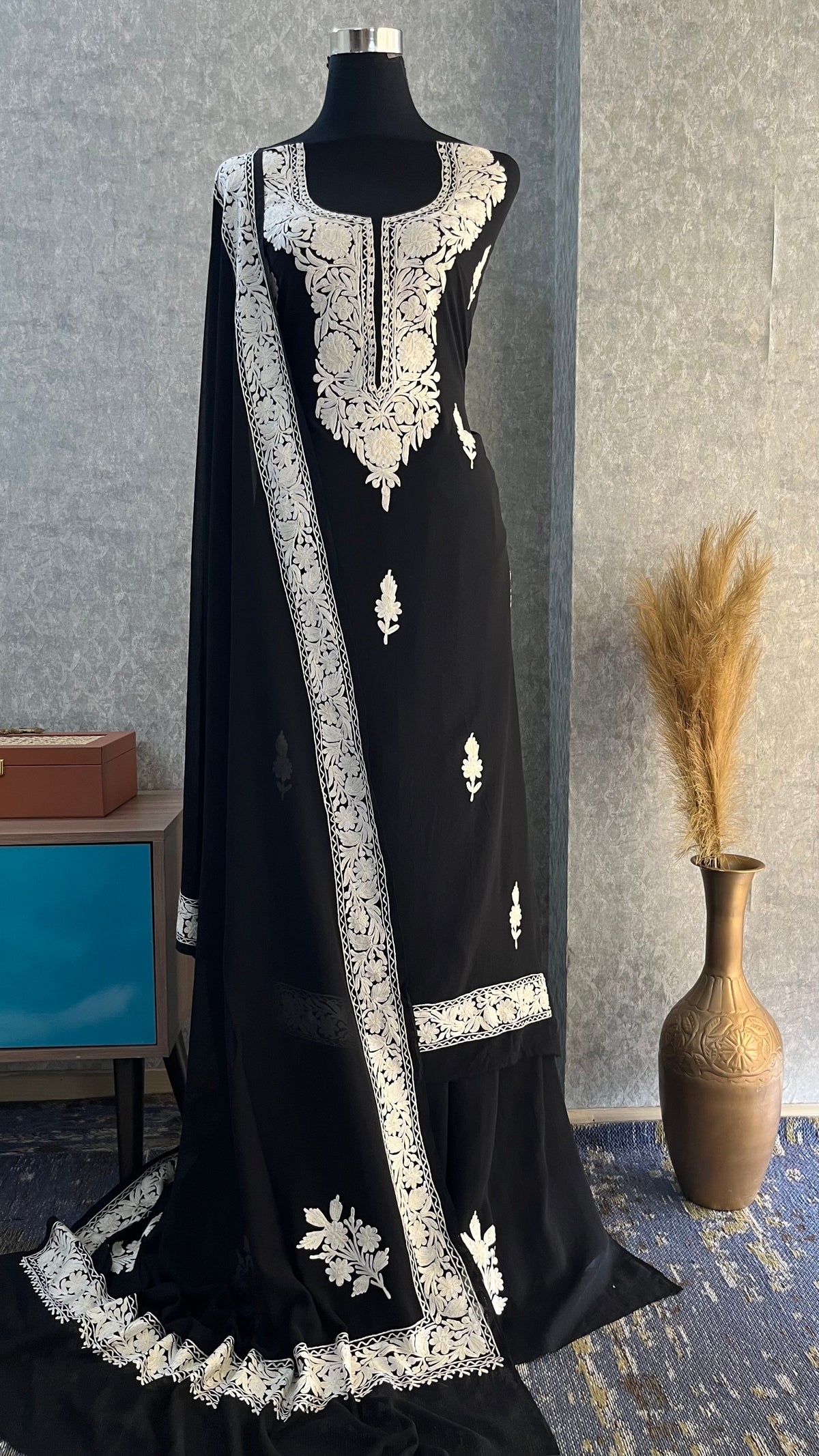 Georgette Black 3 Pc Kashmiri Suit
