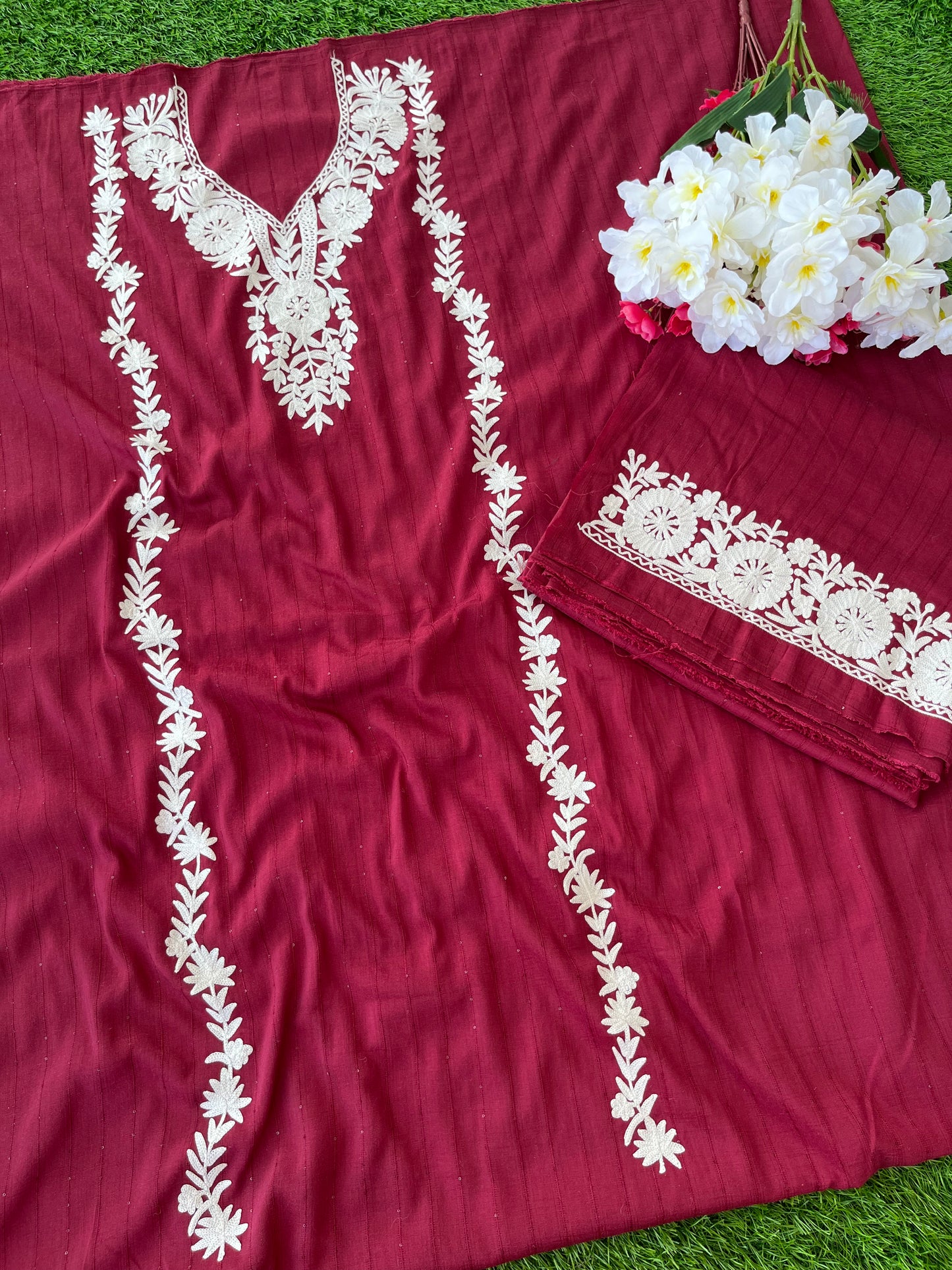 Red Muslin Cotton Striped Pattern Unstitched Co-ord Set