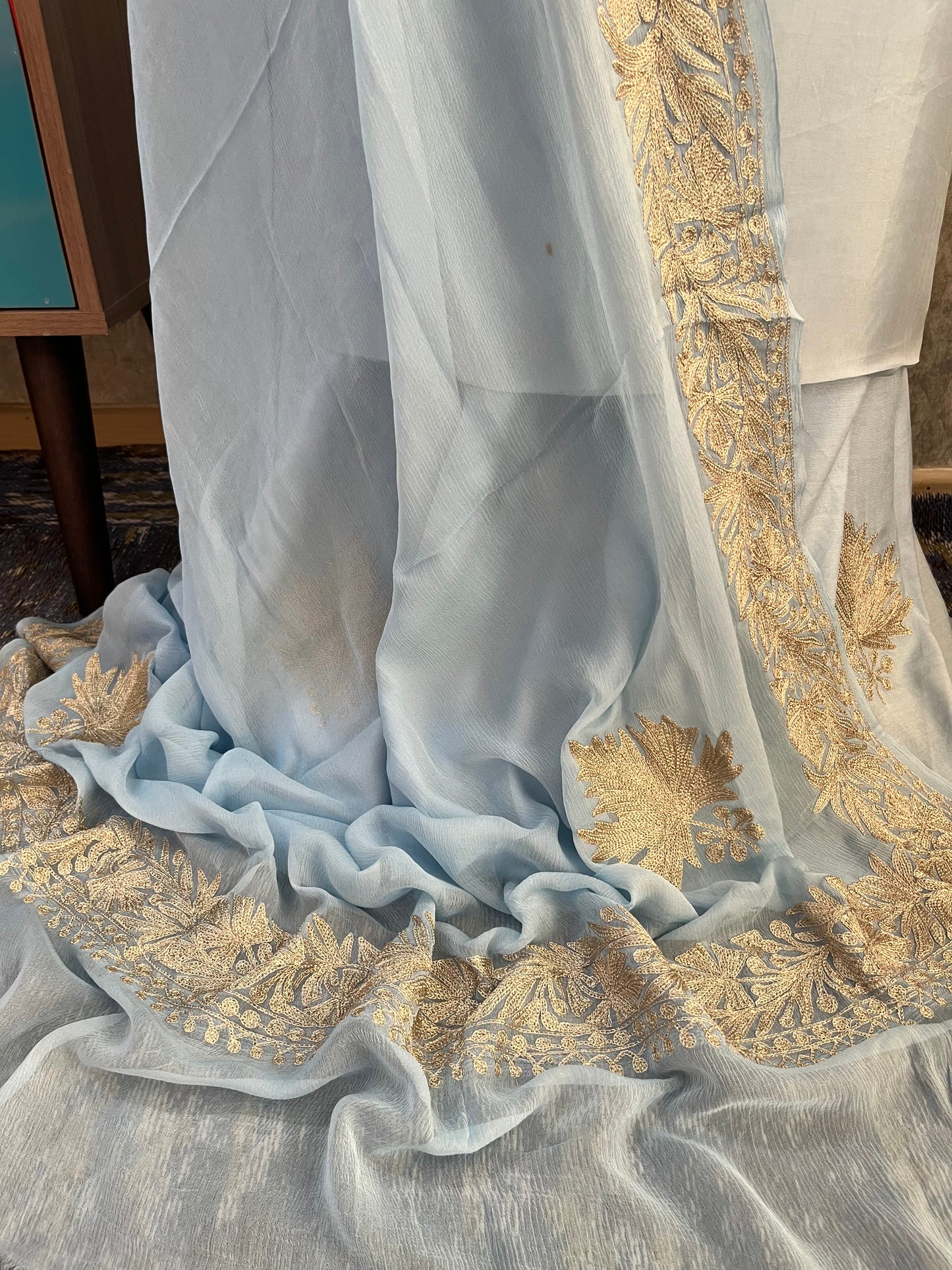 Ice Blue Sanam’ Tilla Kashmiri Silk Suit