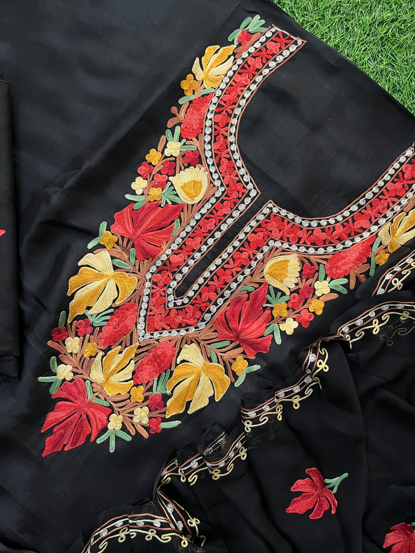 Black Opada Silk Aari Embroidered Suit material