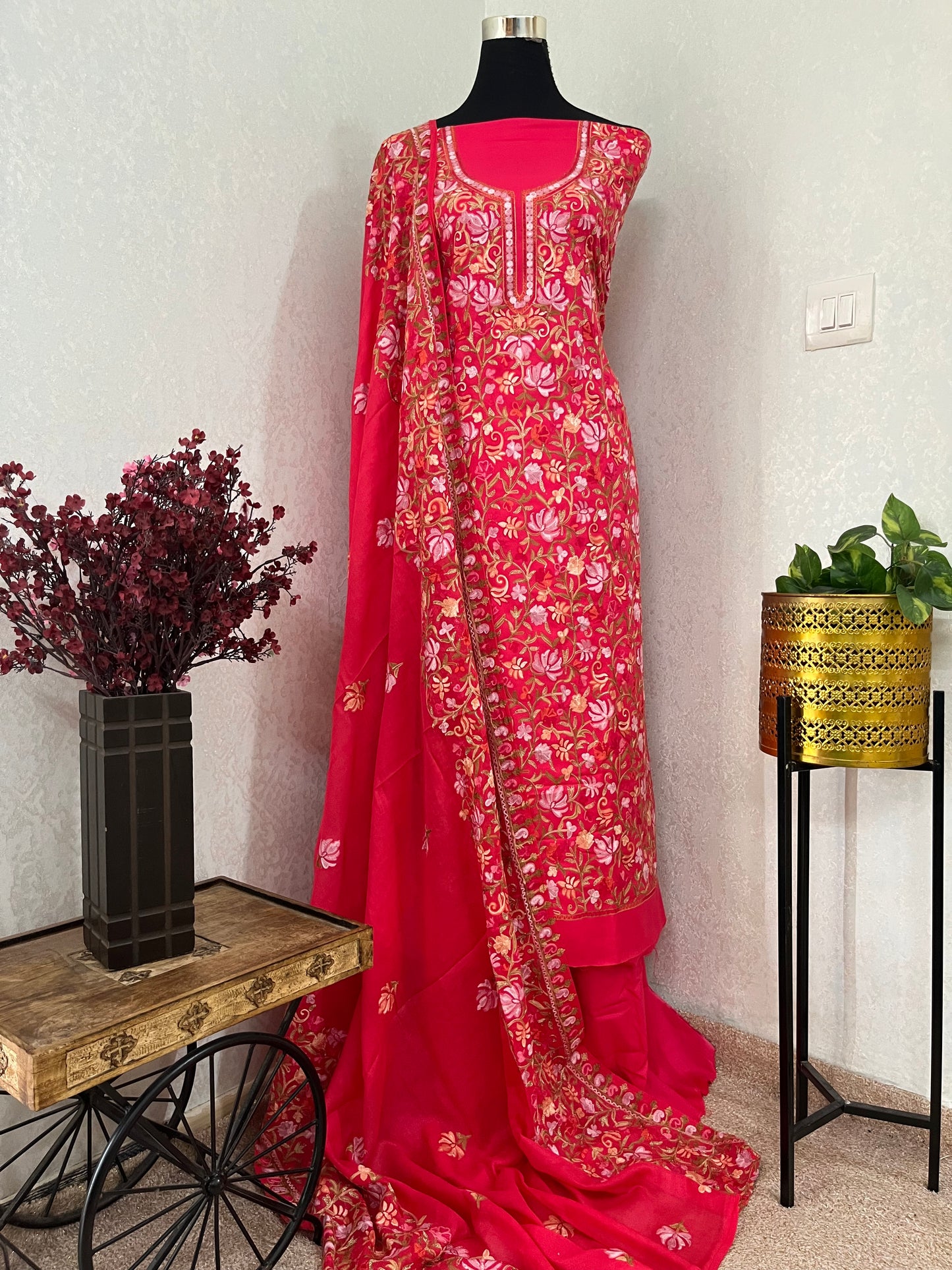 Hot Pink Cotton Kashmiri Suit