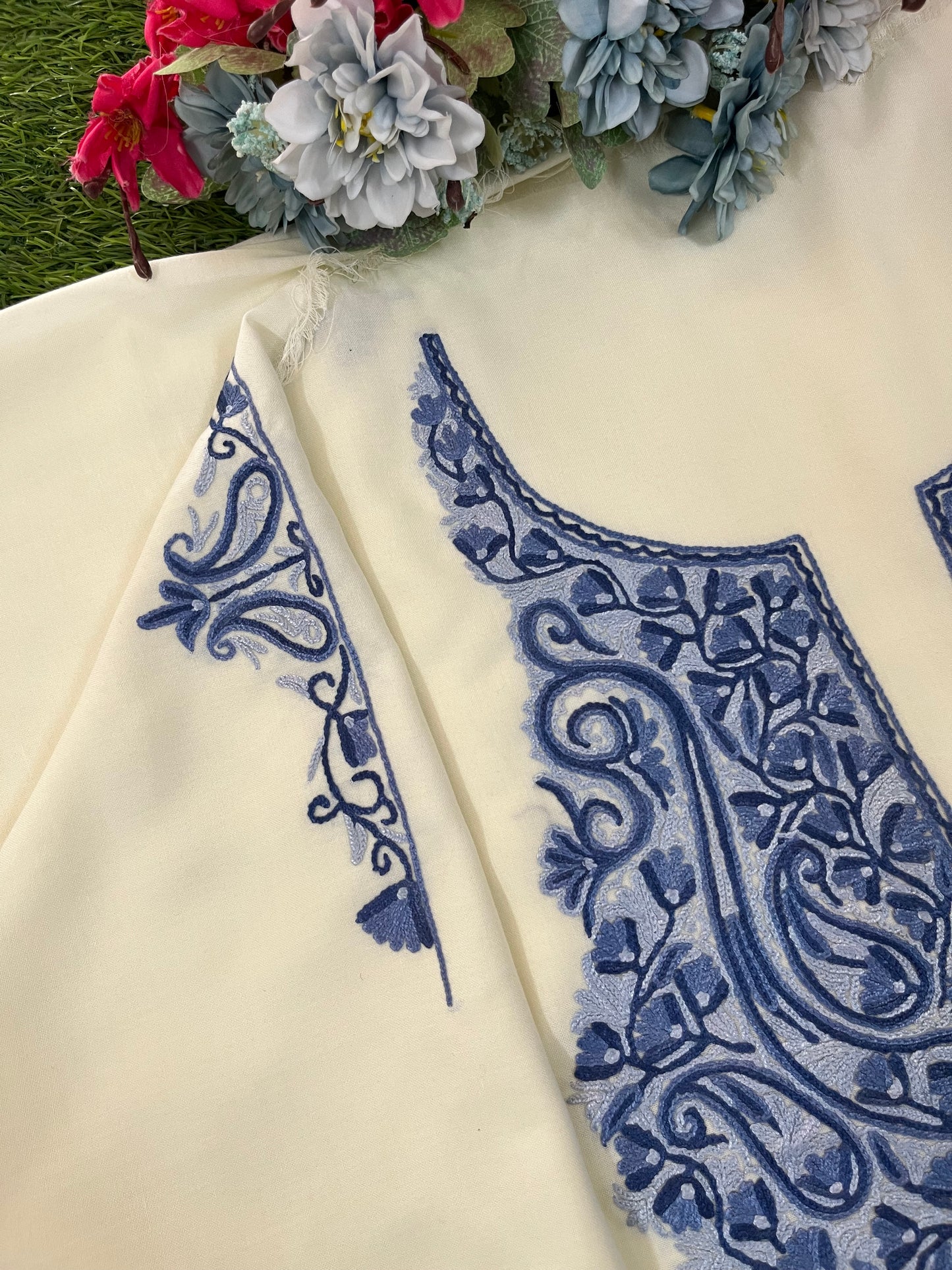 Off White Cotton Two Piece Suit (Hand Embroidered)