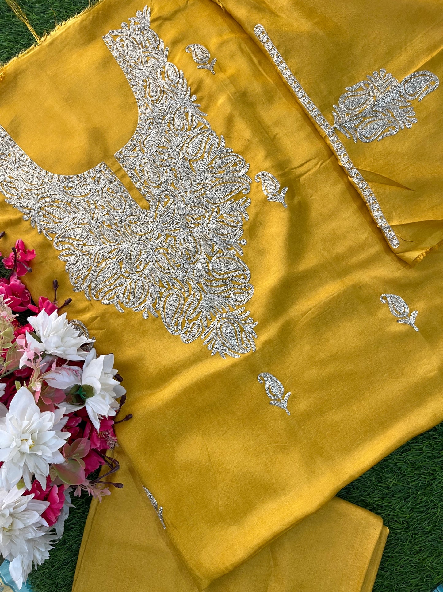Golden Yellow Silk Tilla Kashmiri Suit