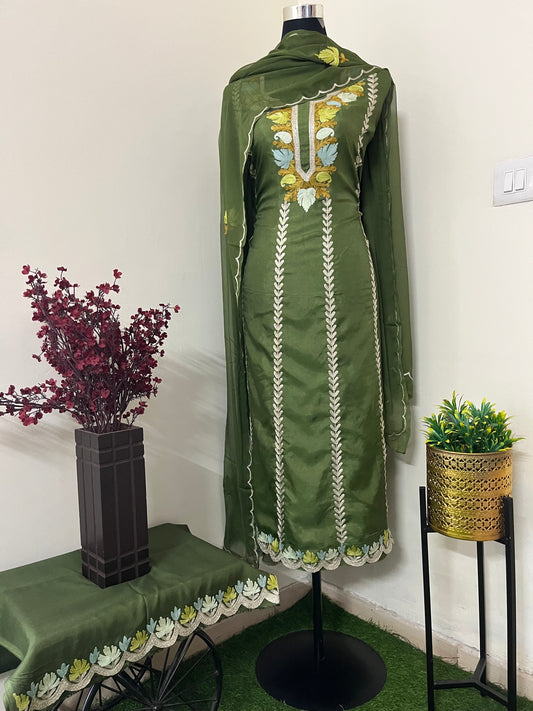 Sanam’ Henna Green Silk Aari Embroidered Suit material