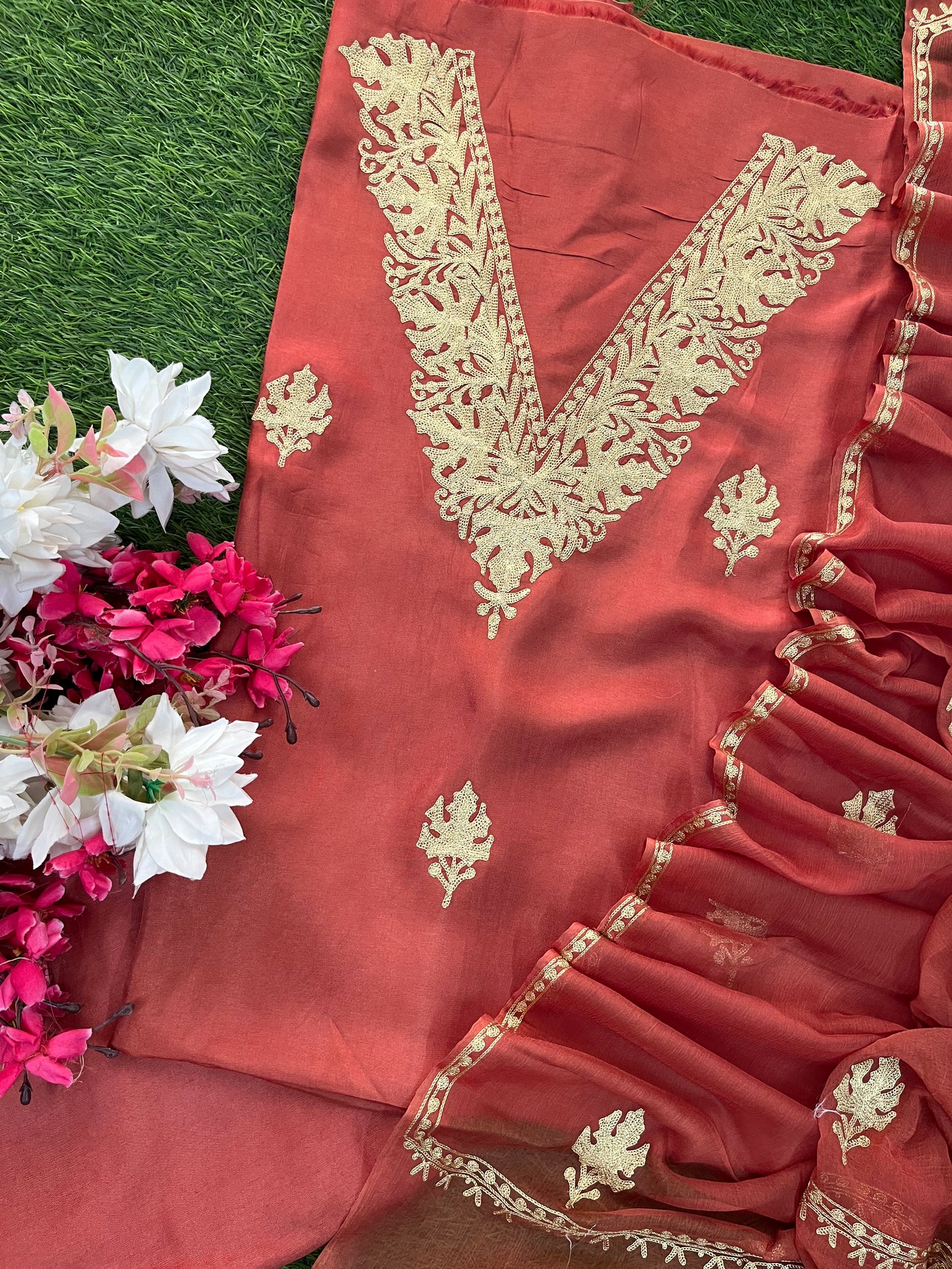 Blush Red Silk Tilla Kashmiri Suit