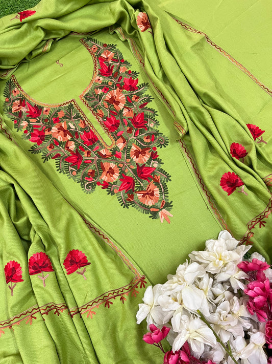 Pista Green Woollen Aari Embroidered 3pc suit