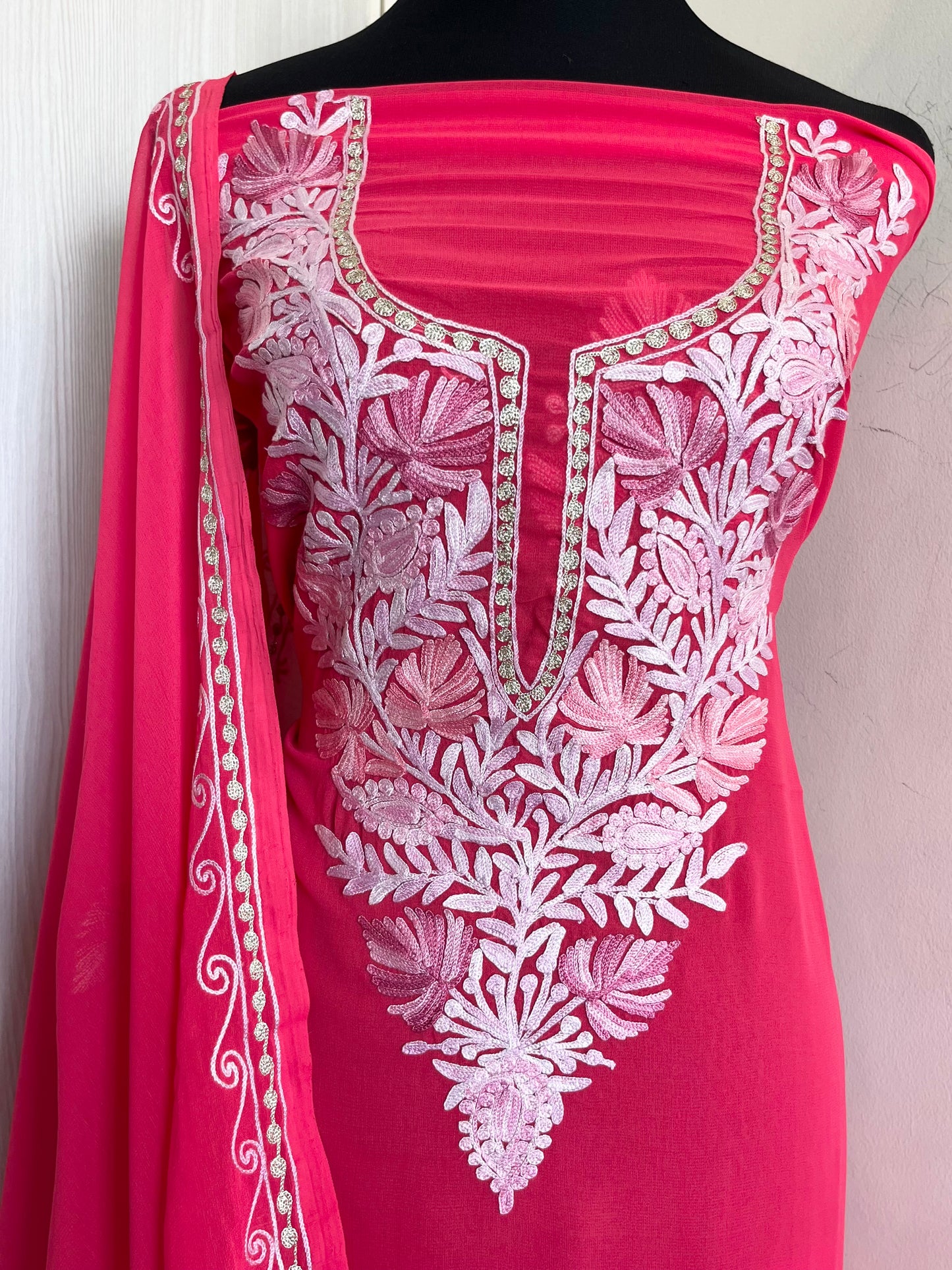 Pink Georgette Shirt and Dupatta Aari Embroidered Suit