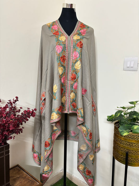 Beige Aari Embroidered Pure Wool Cape