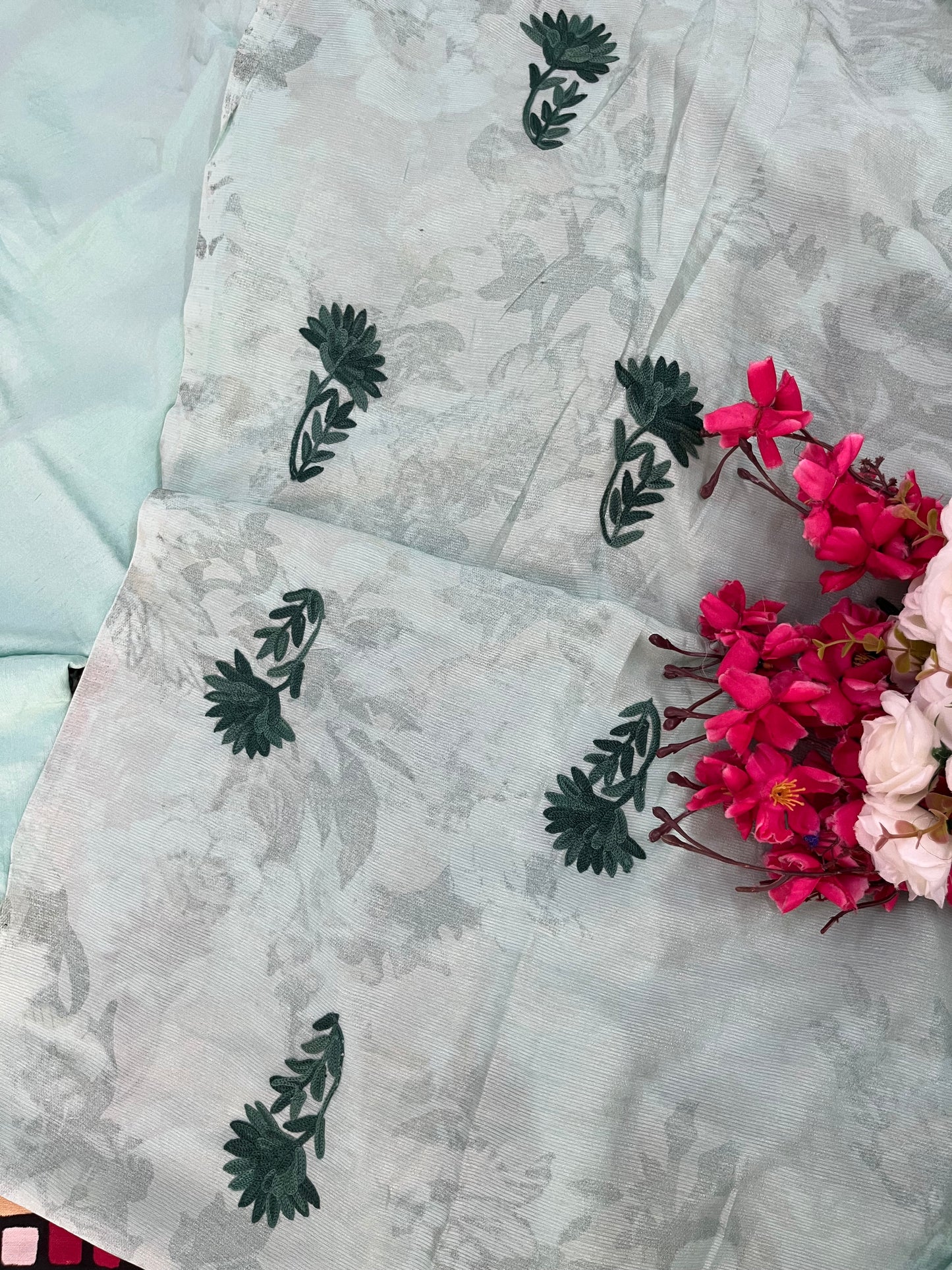Mint Green Self Work Satin Cotton Unstitched Co-ord Set