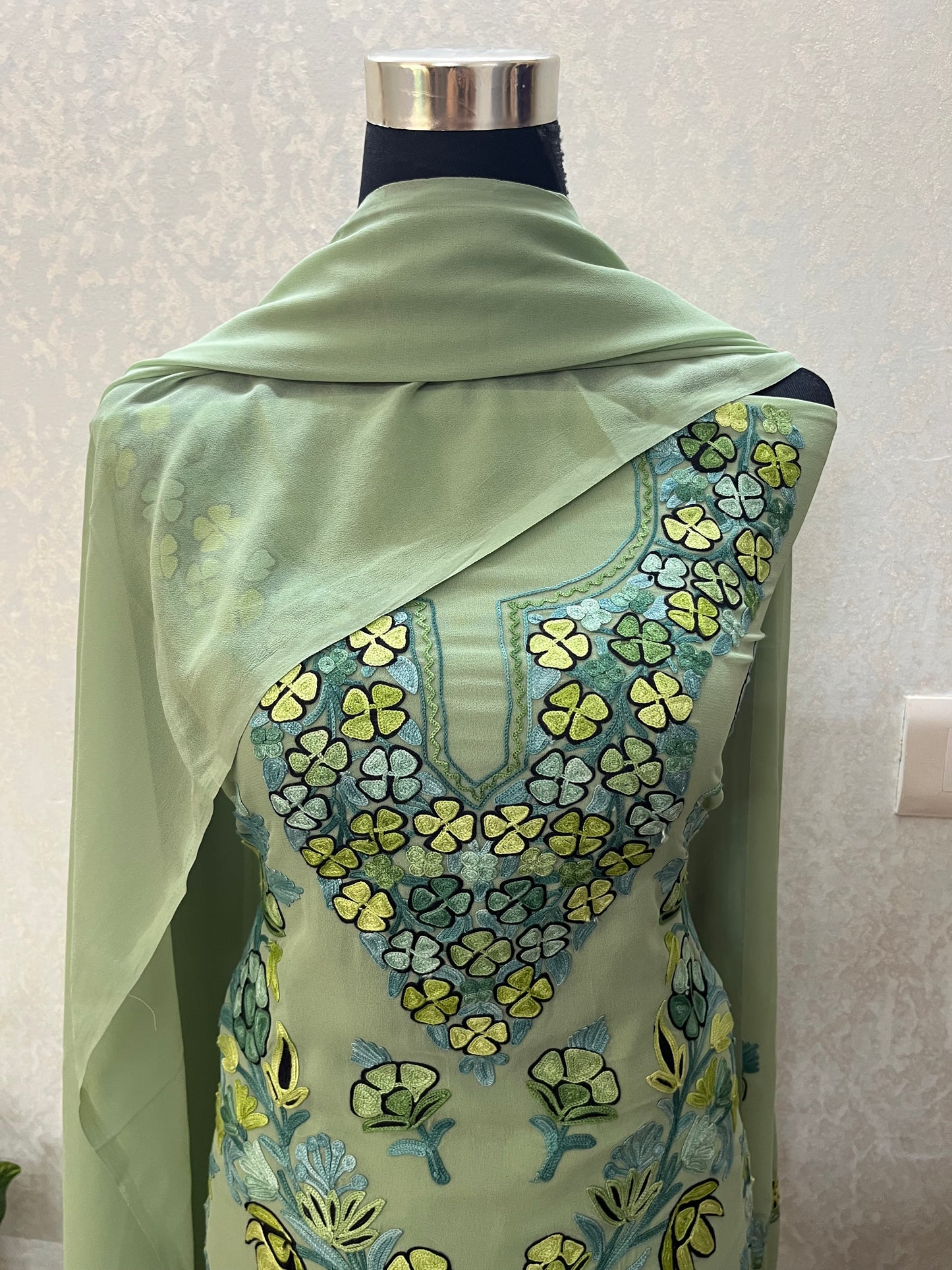 Mint Green Georgette 3 Pc Kashmiri Suit