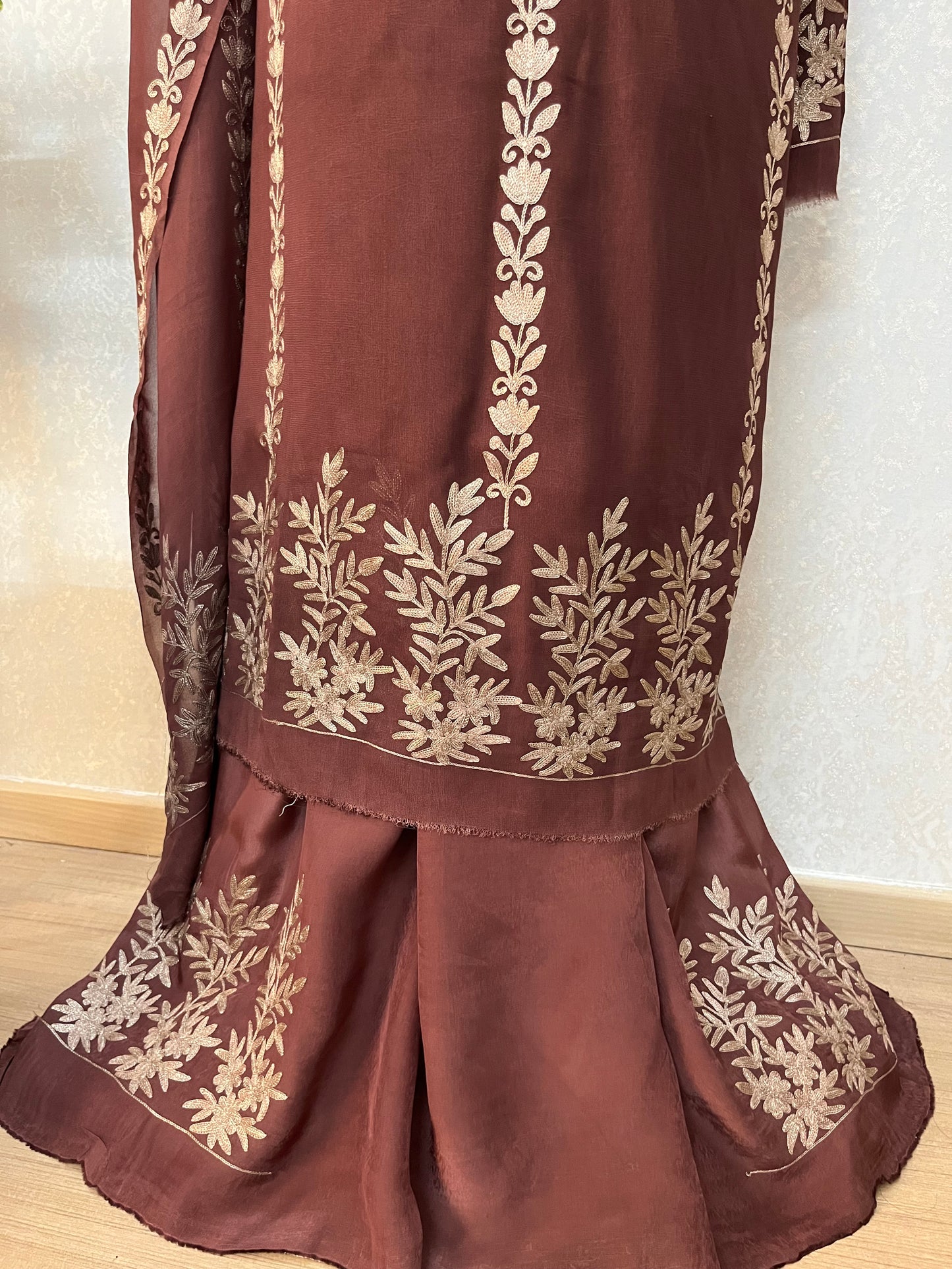 Brown Pure Georgette Oxidised Tilla Kashmiri Suit