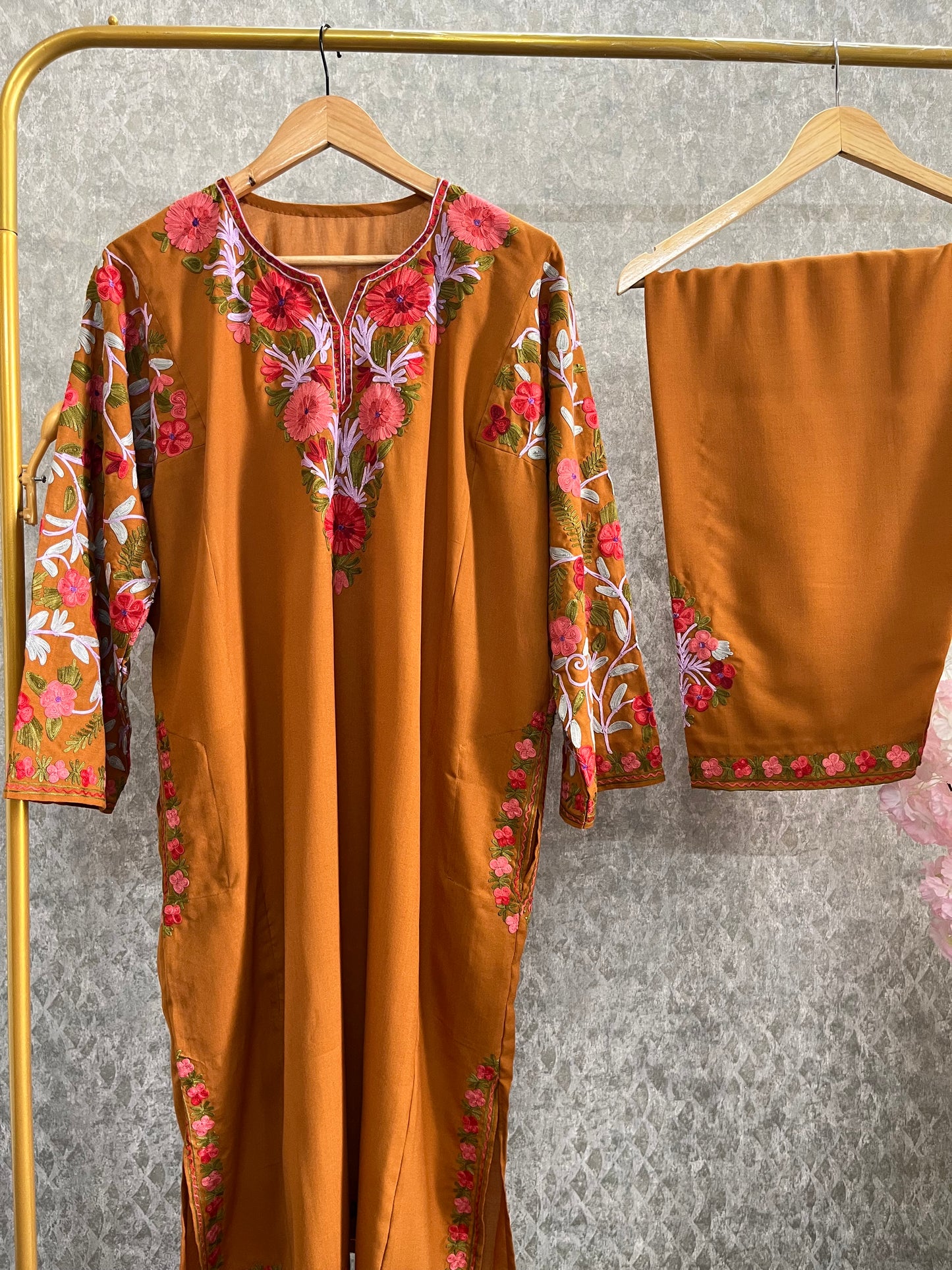 Mustard Brown Cotton Arm Jaal Pheran Set