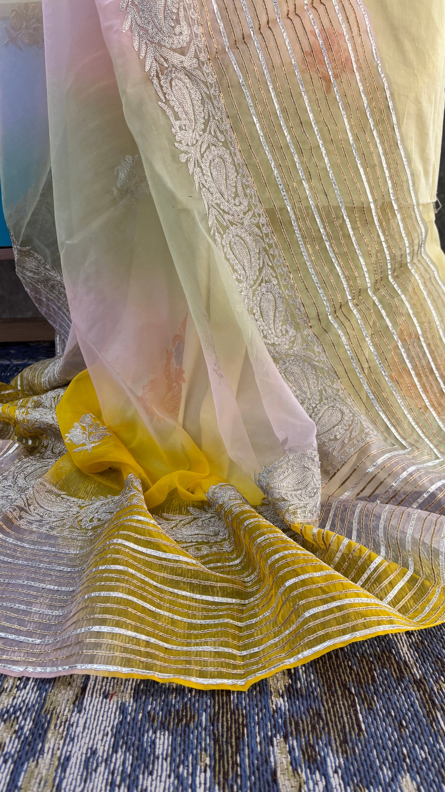 Lemon Yellow Satin Cotton Kashmiri Suit