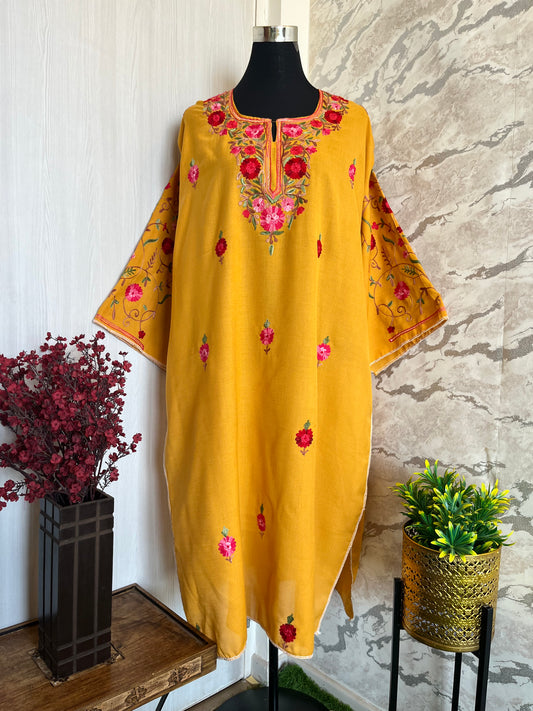 ‘Bageecha’ Yellow Cotton Semi Stitched Cream Aari Work Kurti