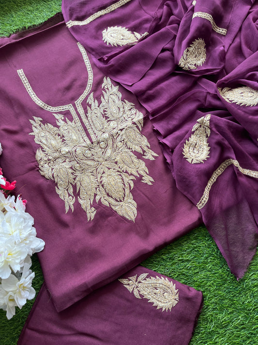 ‘Kalaa’ Wine Muslin Silk Tilla Embroidered Suit material