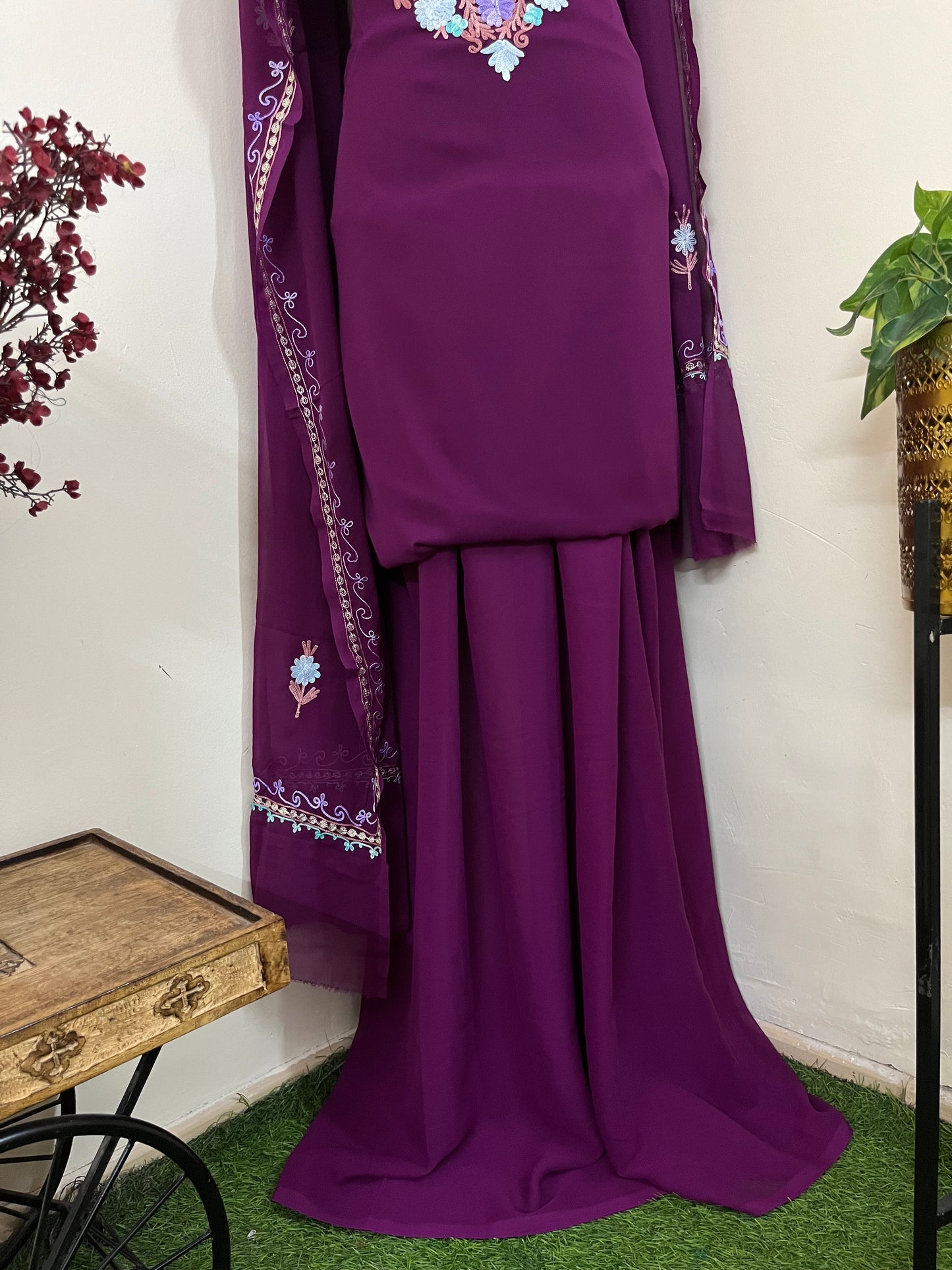 Wine Georgette 3 Pc Aari Embroidered Suit Set