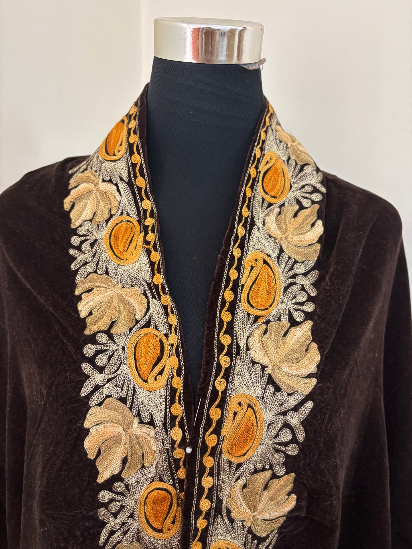 Brown Aari Embroidered Velvet Cape