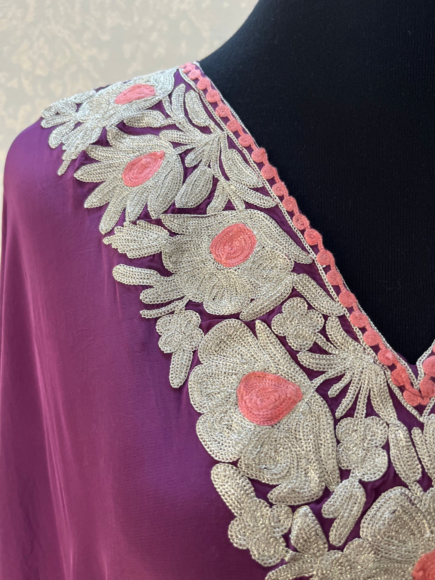 Wine Crape Kashmiri Kaftan Set size