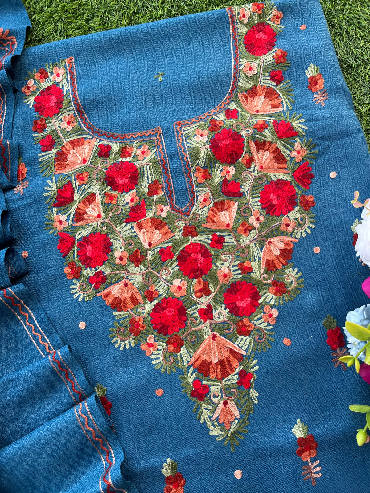 Peacock Blue Woollen Aari Embroidered 3pc suit