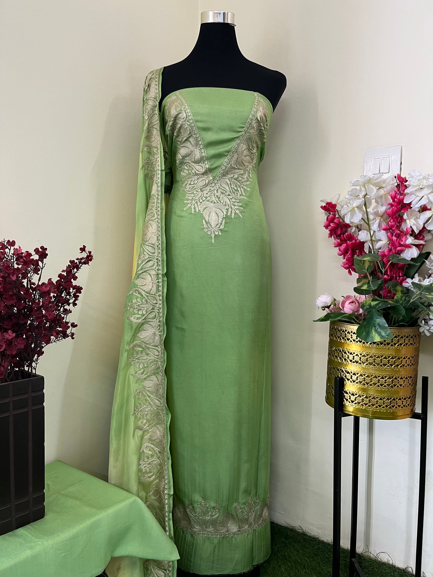 Sanam Pista Green Silk Kashmiri Suit