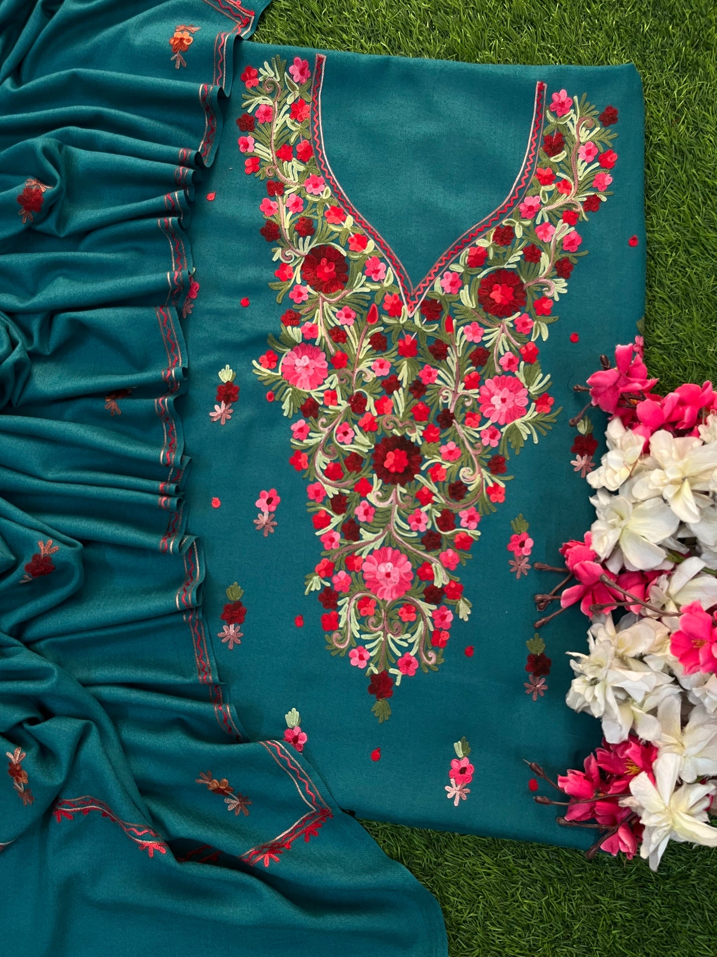 Teal Green Woollen Aari Embroidered 3pc suit