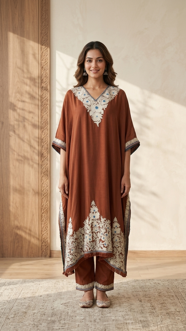 Brown Crape Kashmiri Kaftan Set