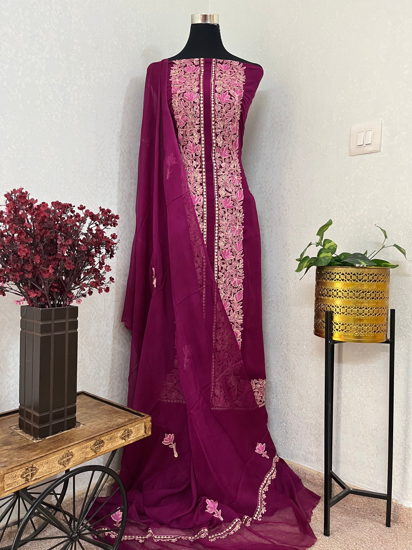 Wine Pure Georgette Achkan Kashmiri Suit
