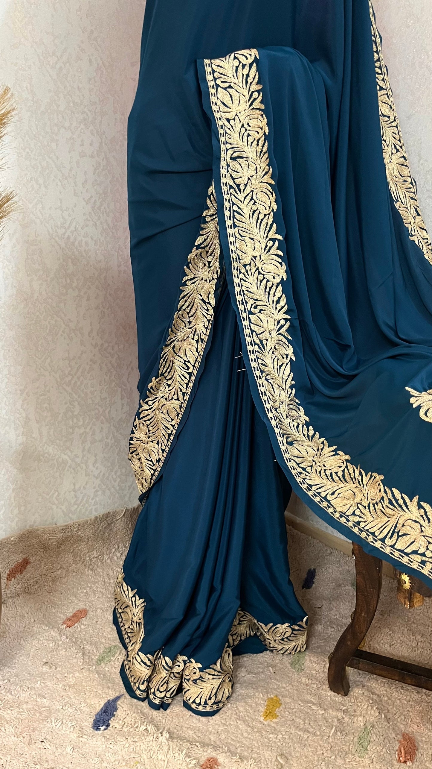 Teal Blue Crape Kashmiri Tilla Saree