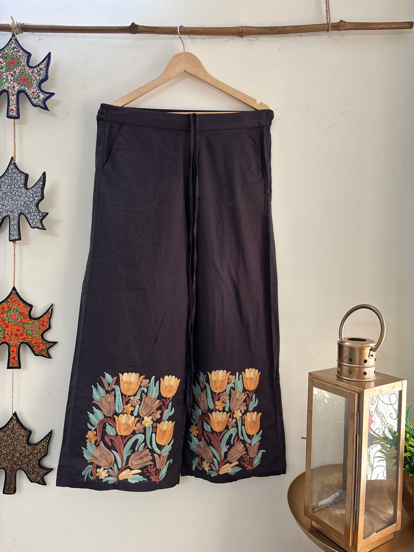 Women Charcoal Grey Wide Leg Aari Embroidered Palazzos ‘M’