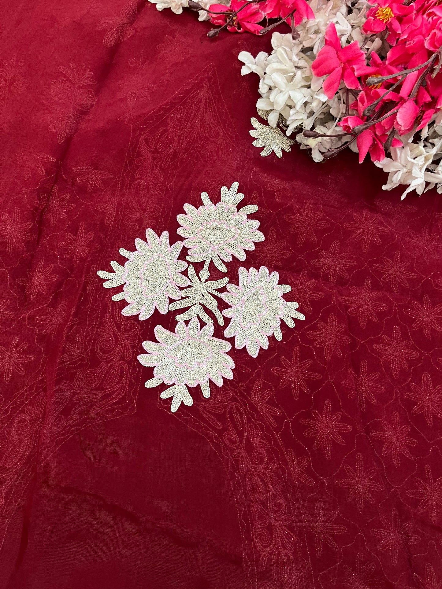 Maroon Pure Soft Organza 3 Pc Heavy Kashmiri Suit