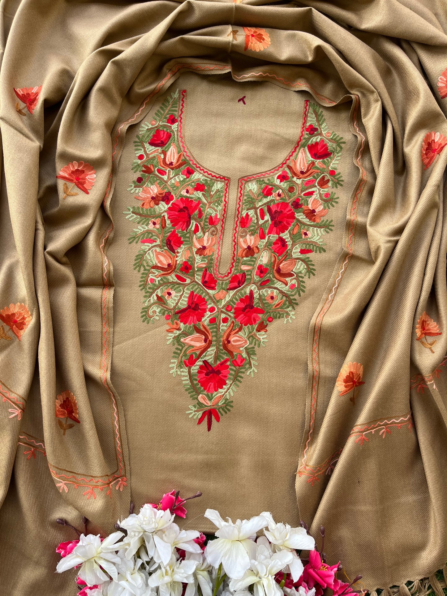 Beige Woollen Aari Embroidered 3pc suit