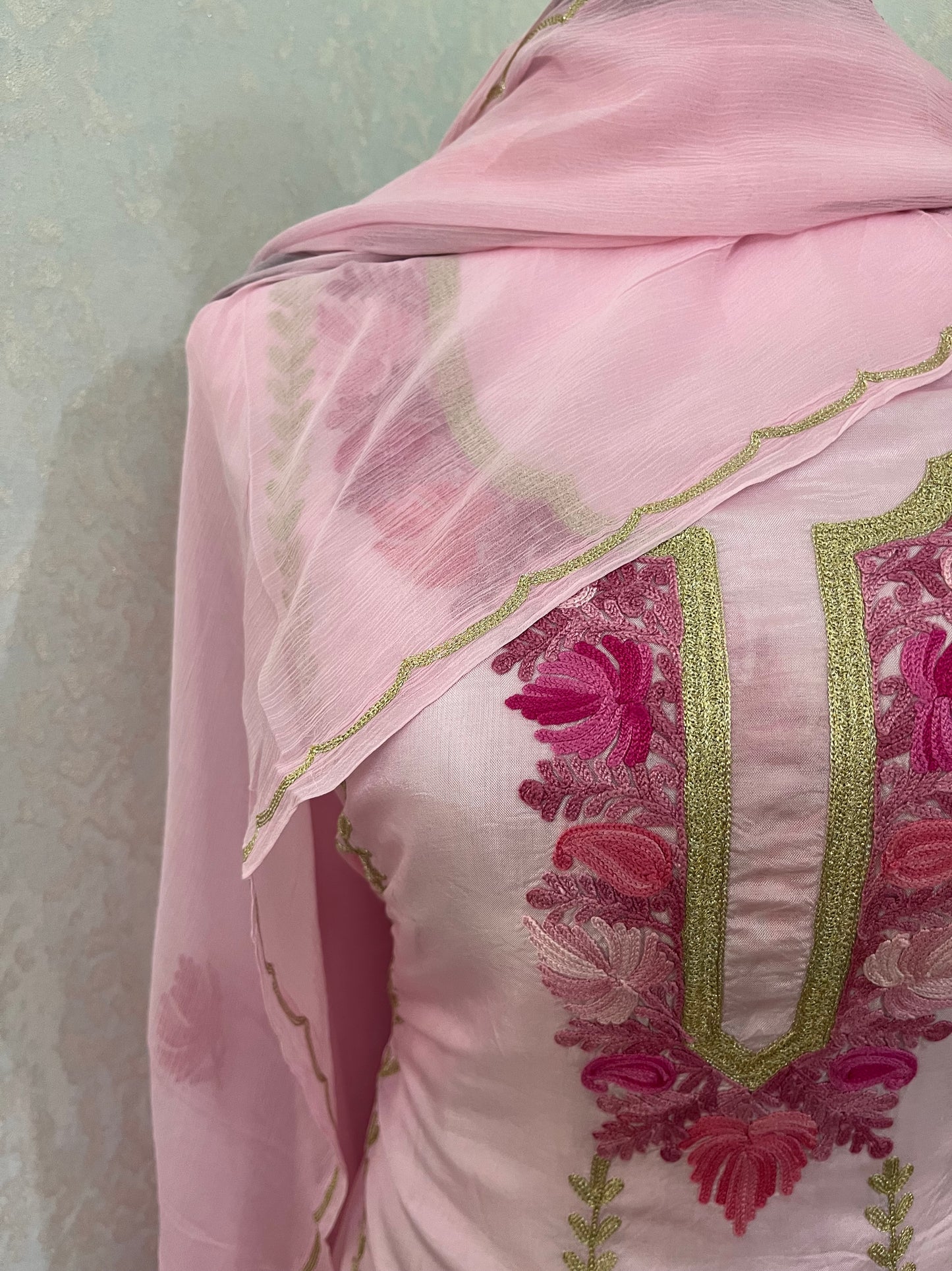 Sanam’ Soft Pink Silk Aari Embroidered Suit material