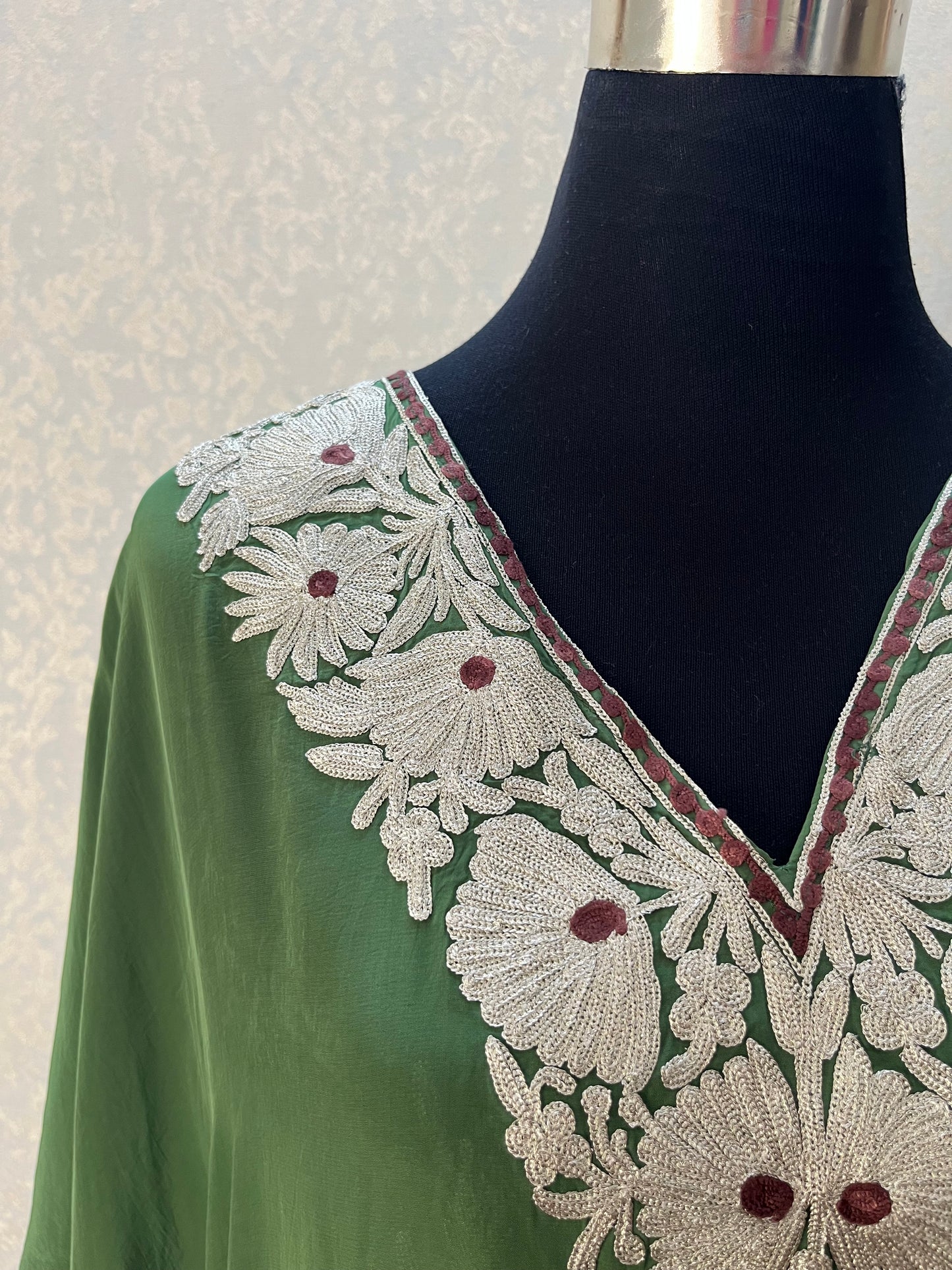 Green Crape Kashmiri Kaftan Set