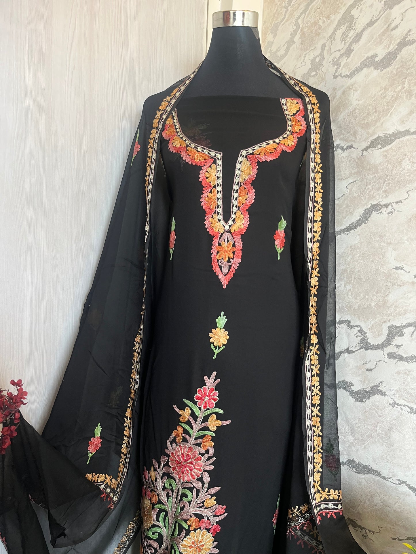 Black Pink Pure Georgette Aari Embroidered Suito