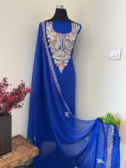 Electric Blue Georgette Shirt and Dupatta Aari Embroidered Suit