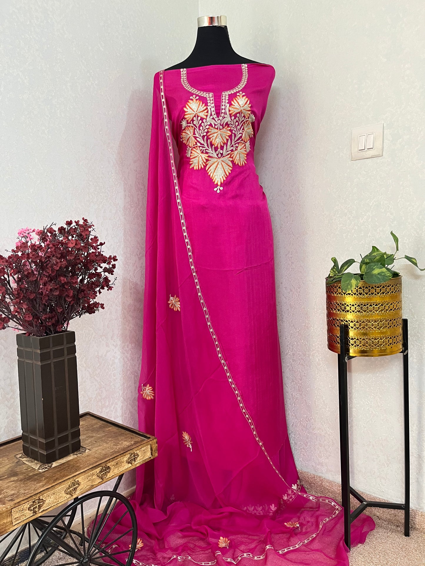 Hot Pink Silk Tilla Kashmiri Suit