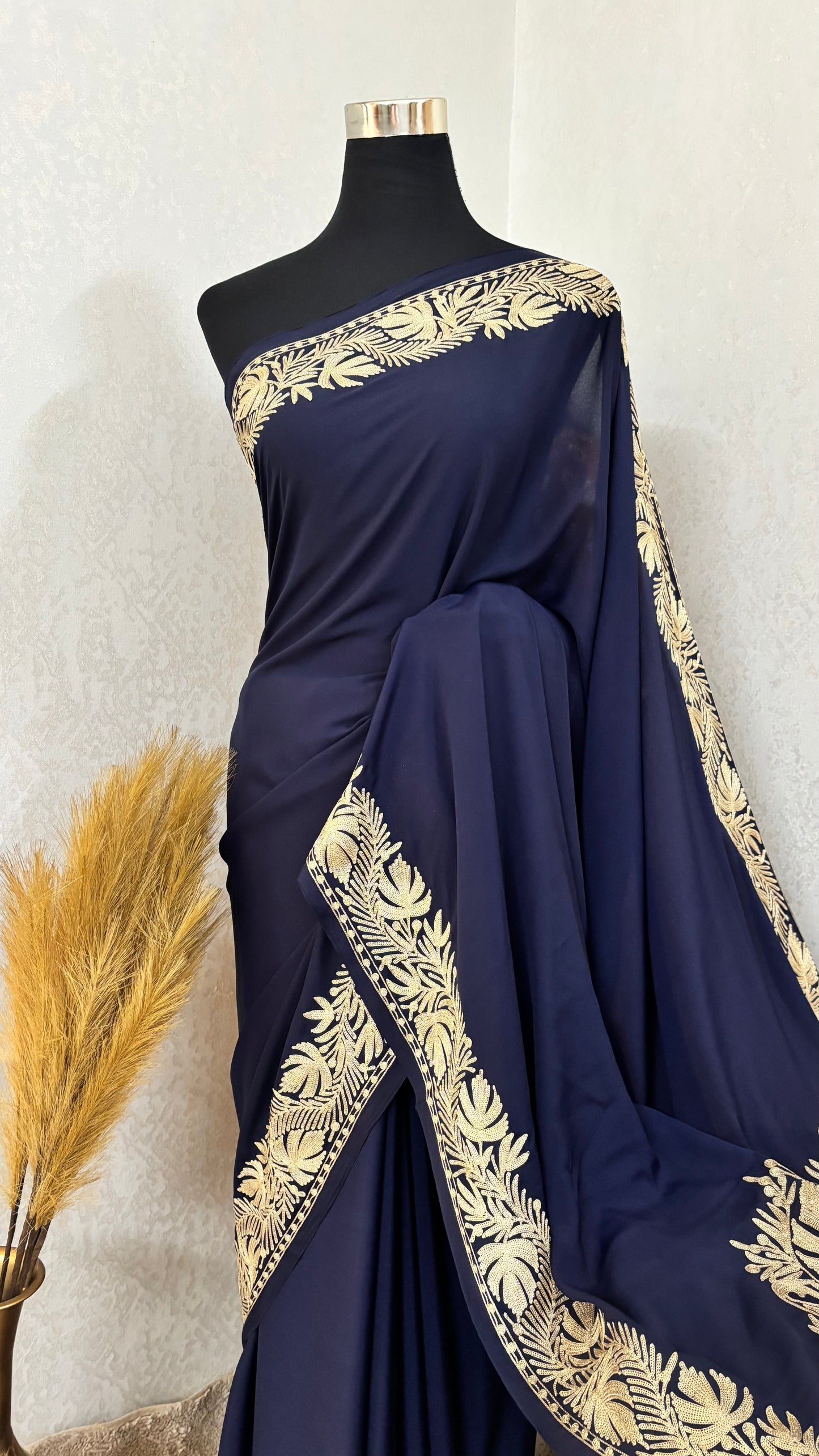 Navy Blue Crape Kashmiri Tilla Saree (Copy)