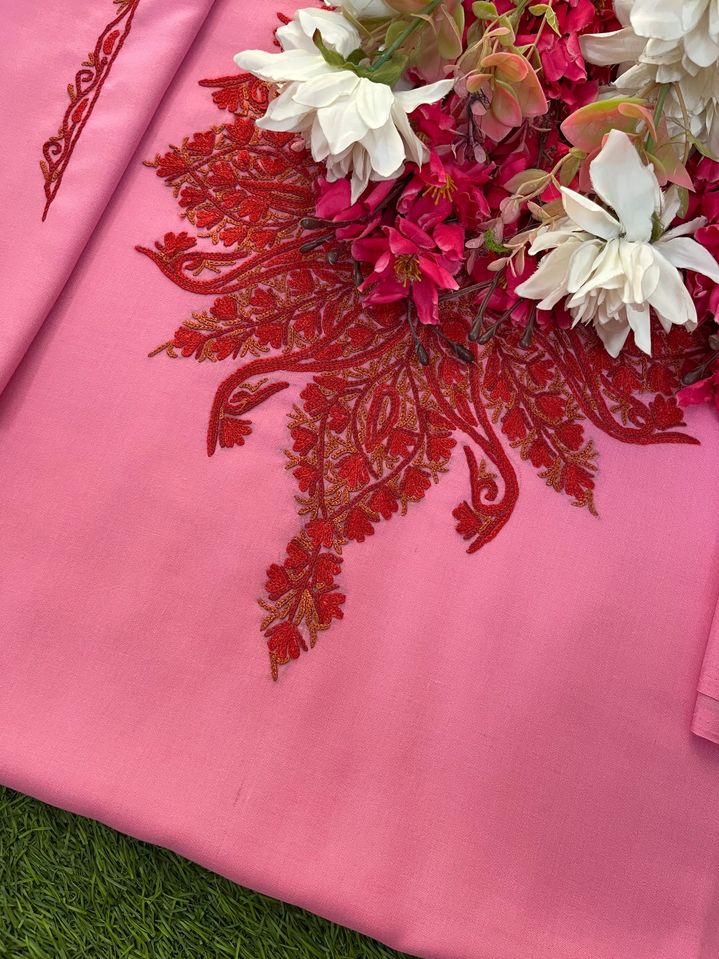 Pink Cotton Two Piece Suit (Hand Embroidered)