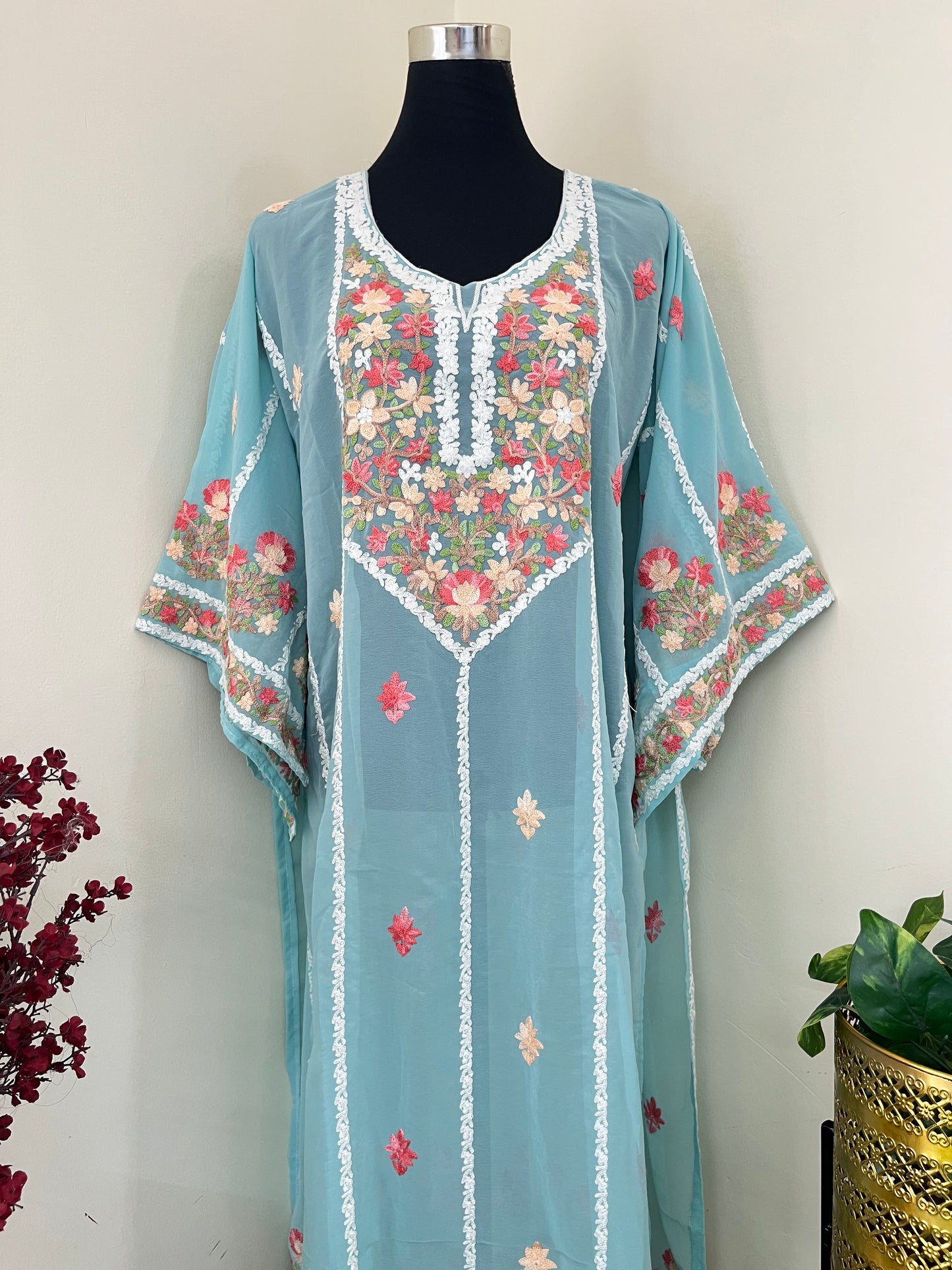 Soft Blue Georgette All over Work Aari Embroidered Unstitched Kurta