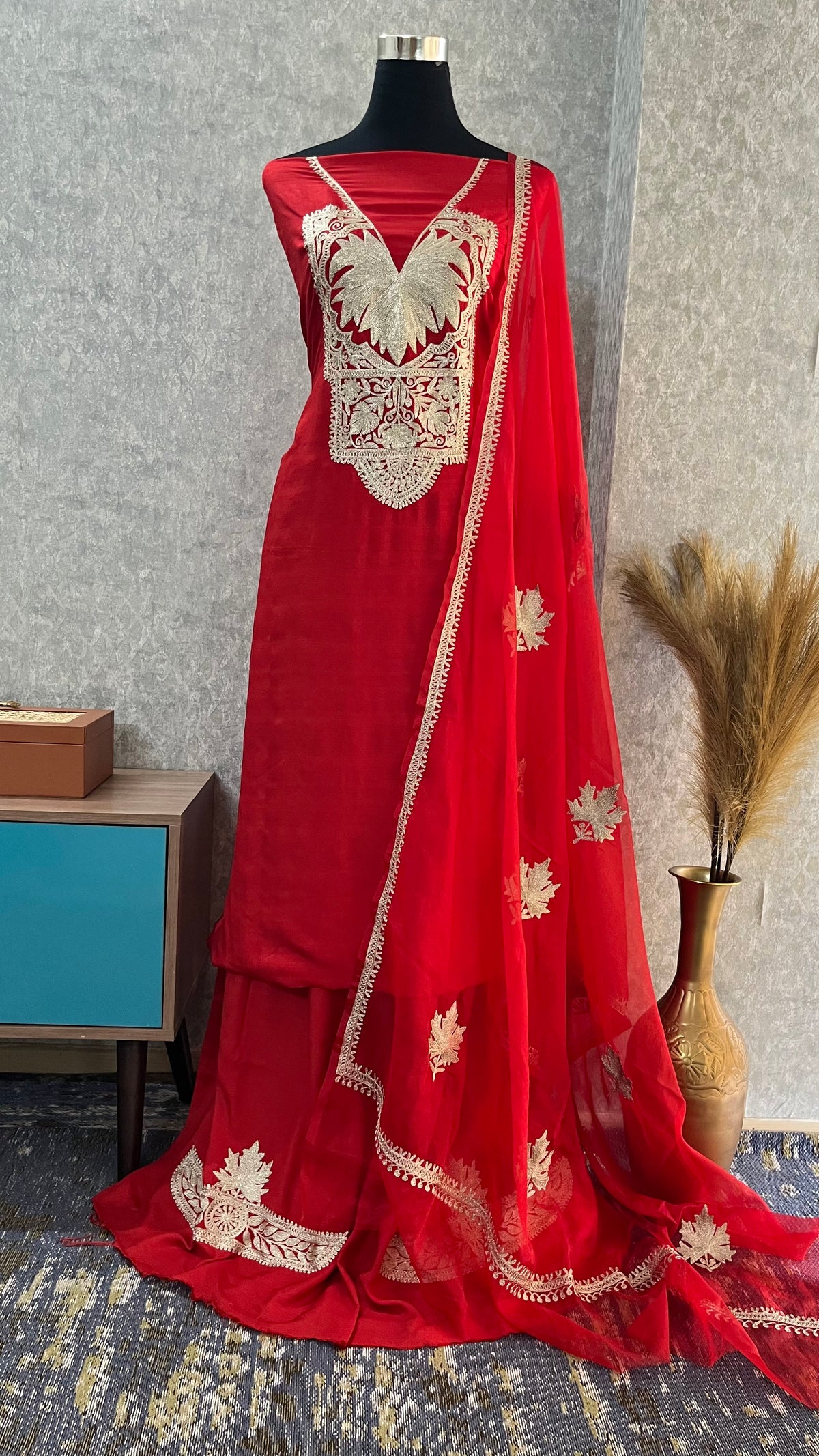 Red Silk Tilla Embroidered Suit