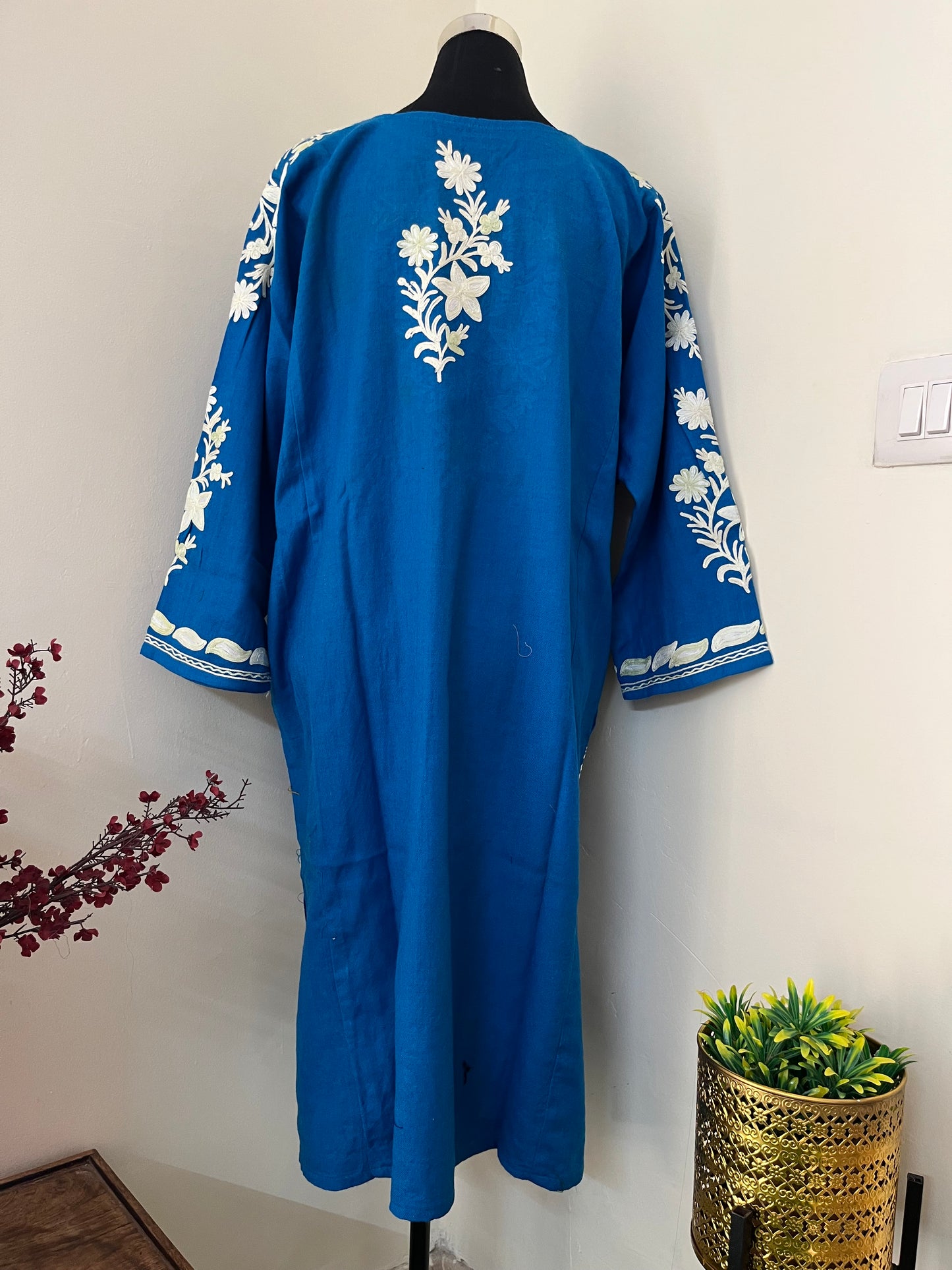 Peacock Blue Aari Embroidered Wool Pheran