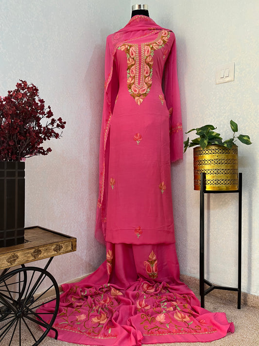 Pink Muslin Cotton Jaal Sleeves Kashmiri 3pc Suit