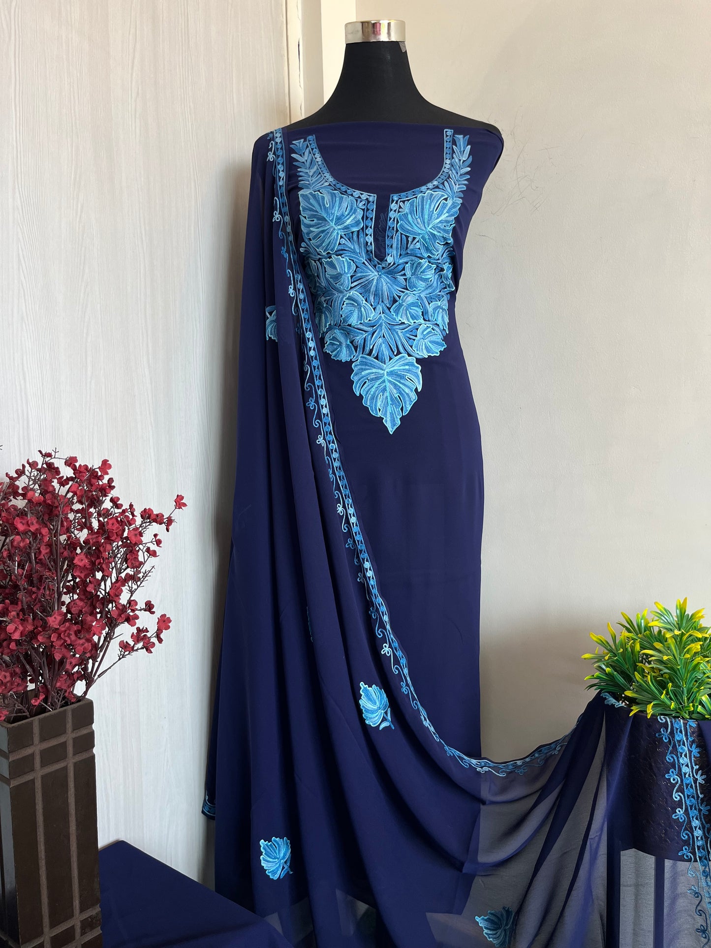 Georgette Blue 3 Pc Aari Embroidered Suit Set