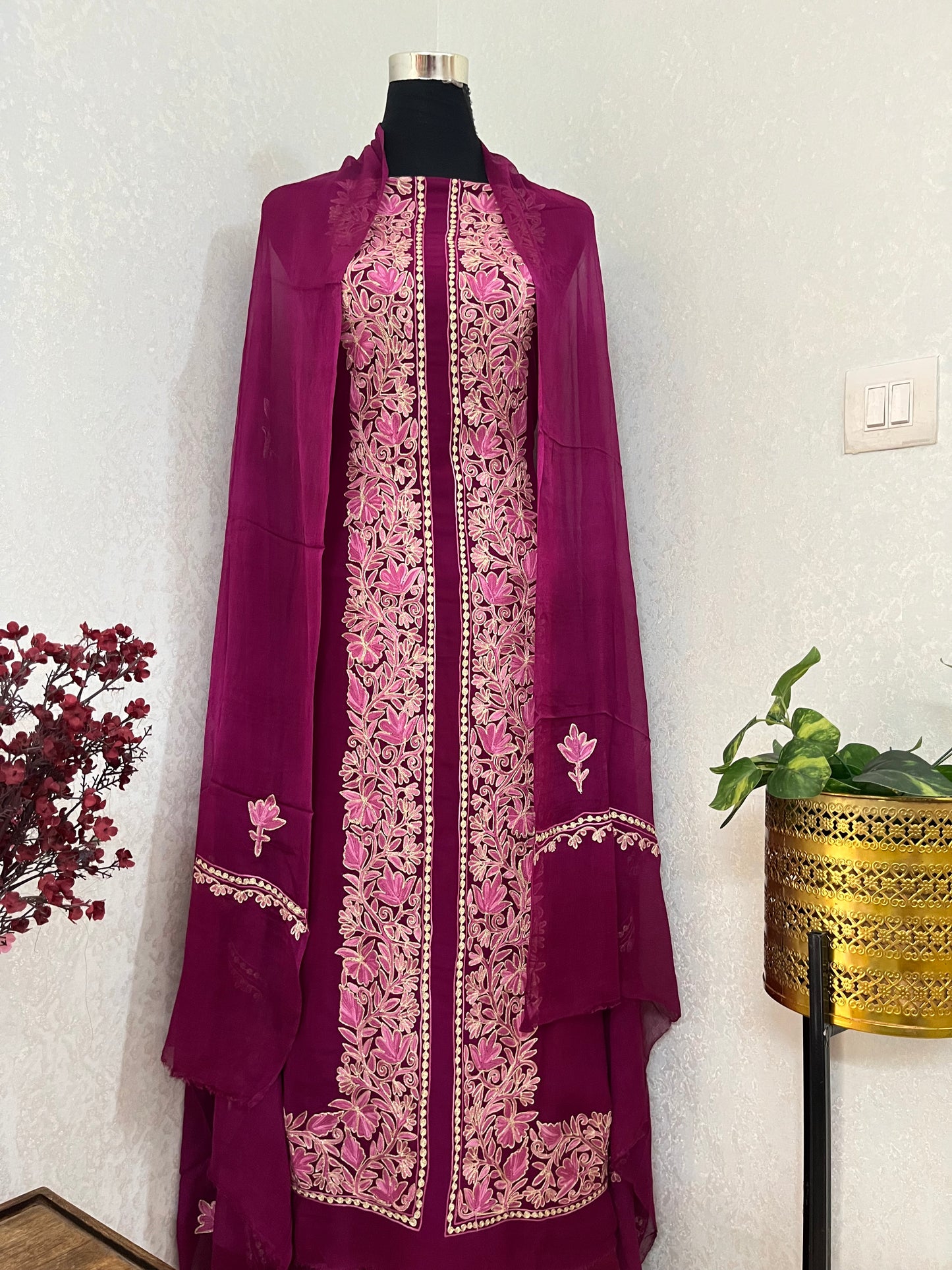 Wine Pure Georgette Achkan Kashmiri Suit