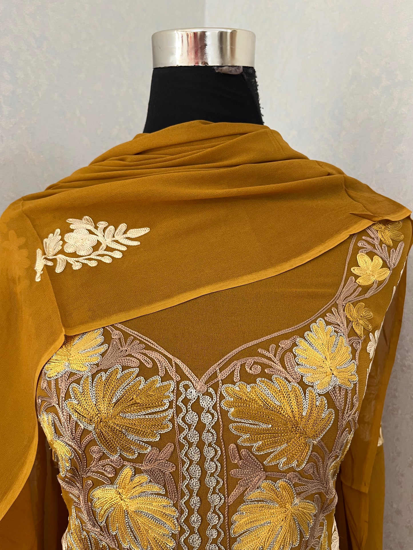 Mustard Pure Georgette 3 Pc Heavy Kashmiri Suit