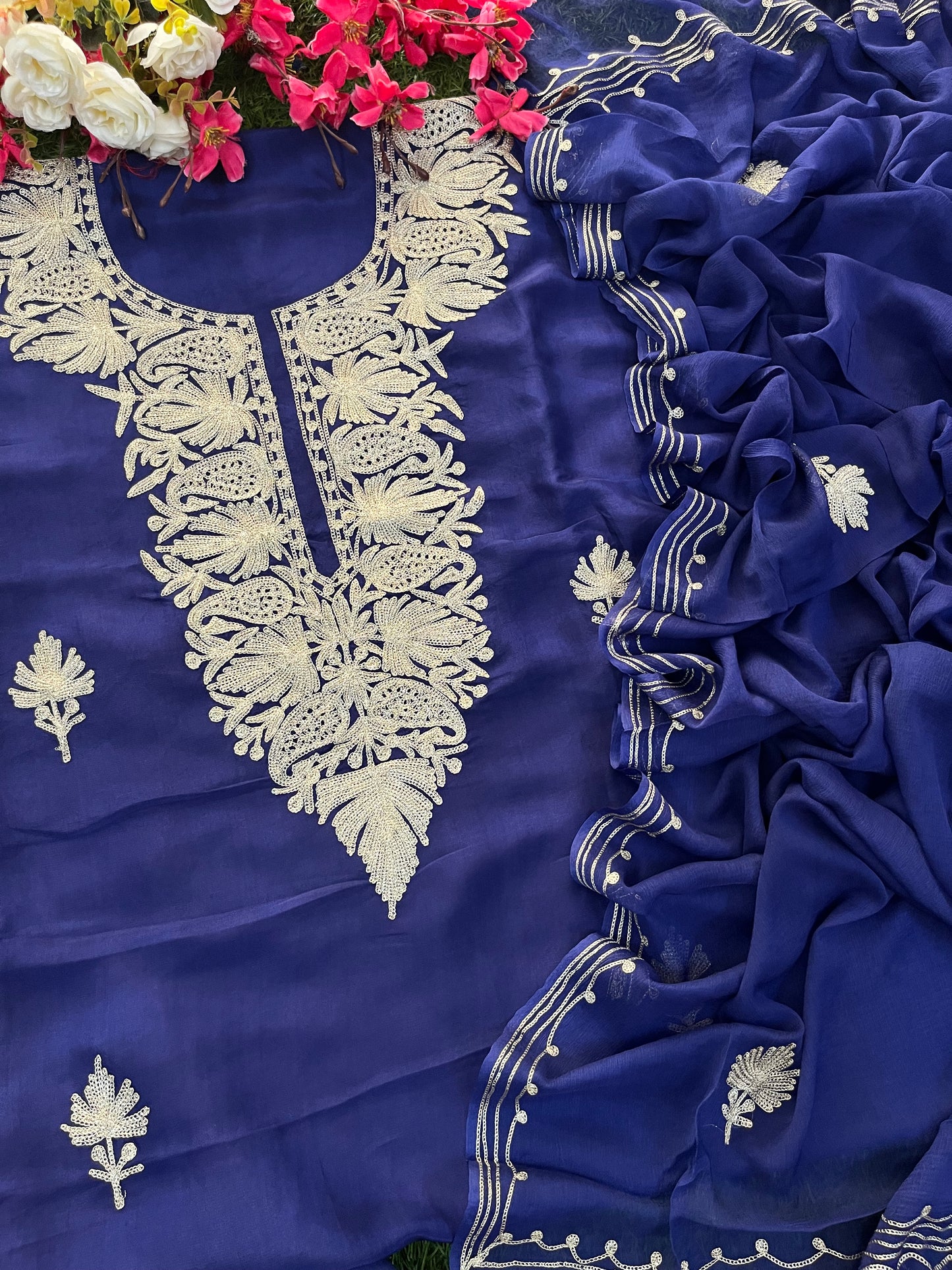 Blue Silk Tilla Kashmiri Suit