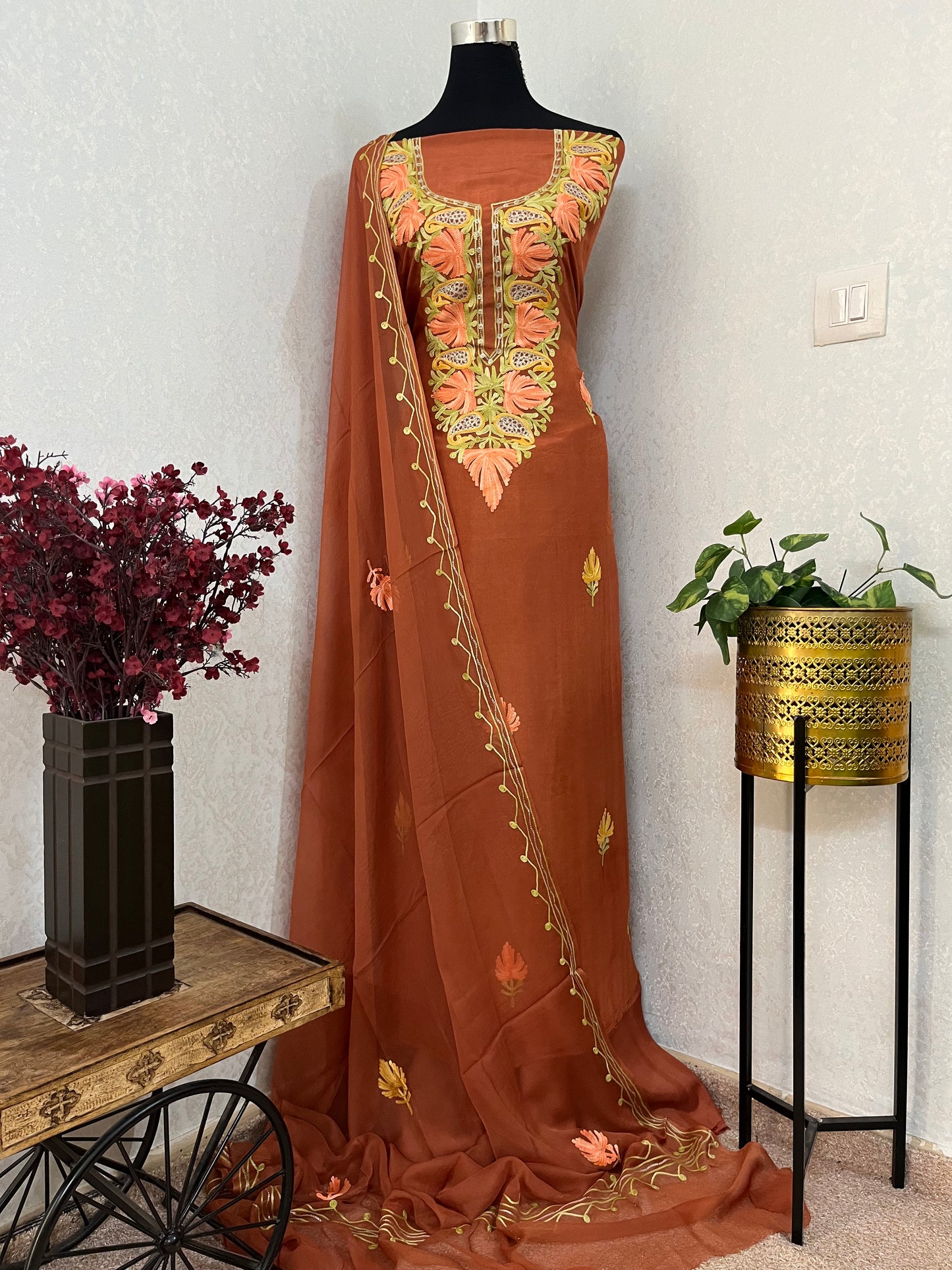 Dull Orange Opada Silk Kashmiri Suits