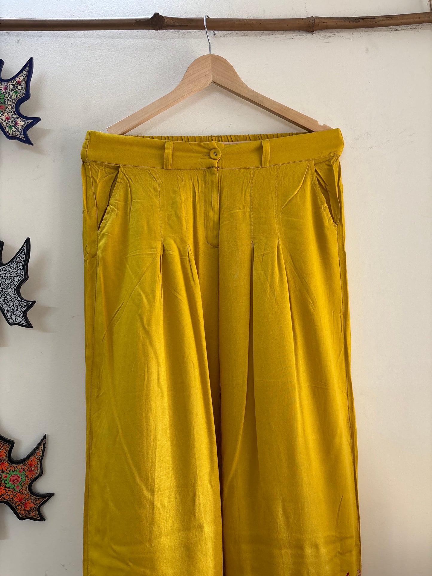Women Mustard Yellow Aari Embroidered Palazzos