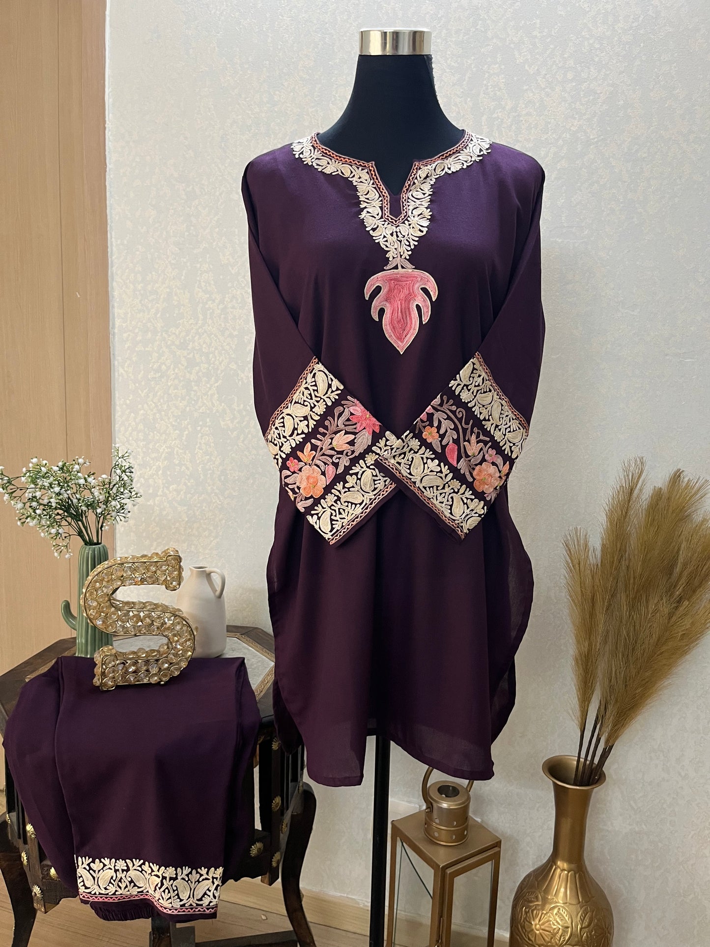 Wine Cotton Embroidered Co-ord Set(38)