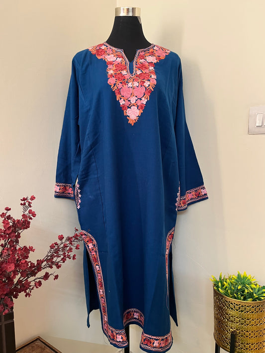 Blue Aari Embroidered Wool Pheran